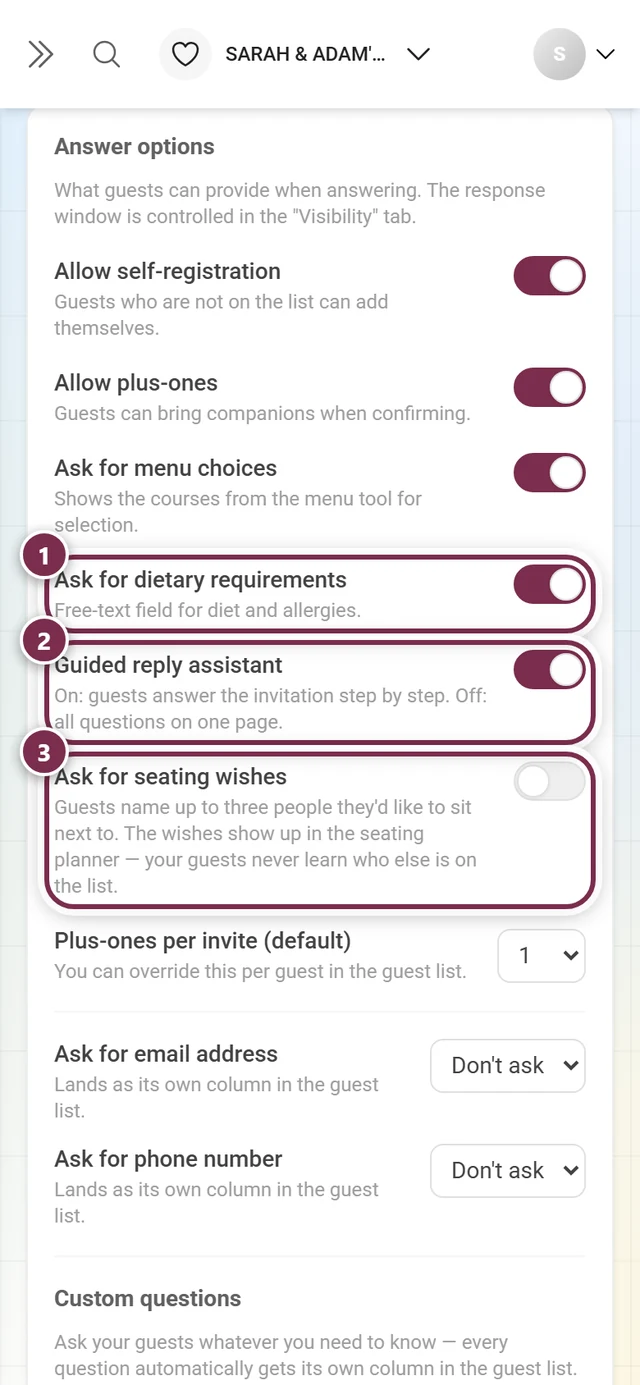 The next three answer options: dietary requirements, reply assistant and seating wishes