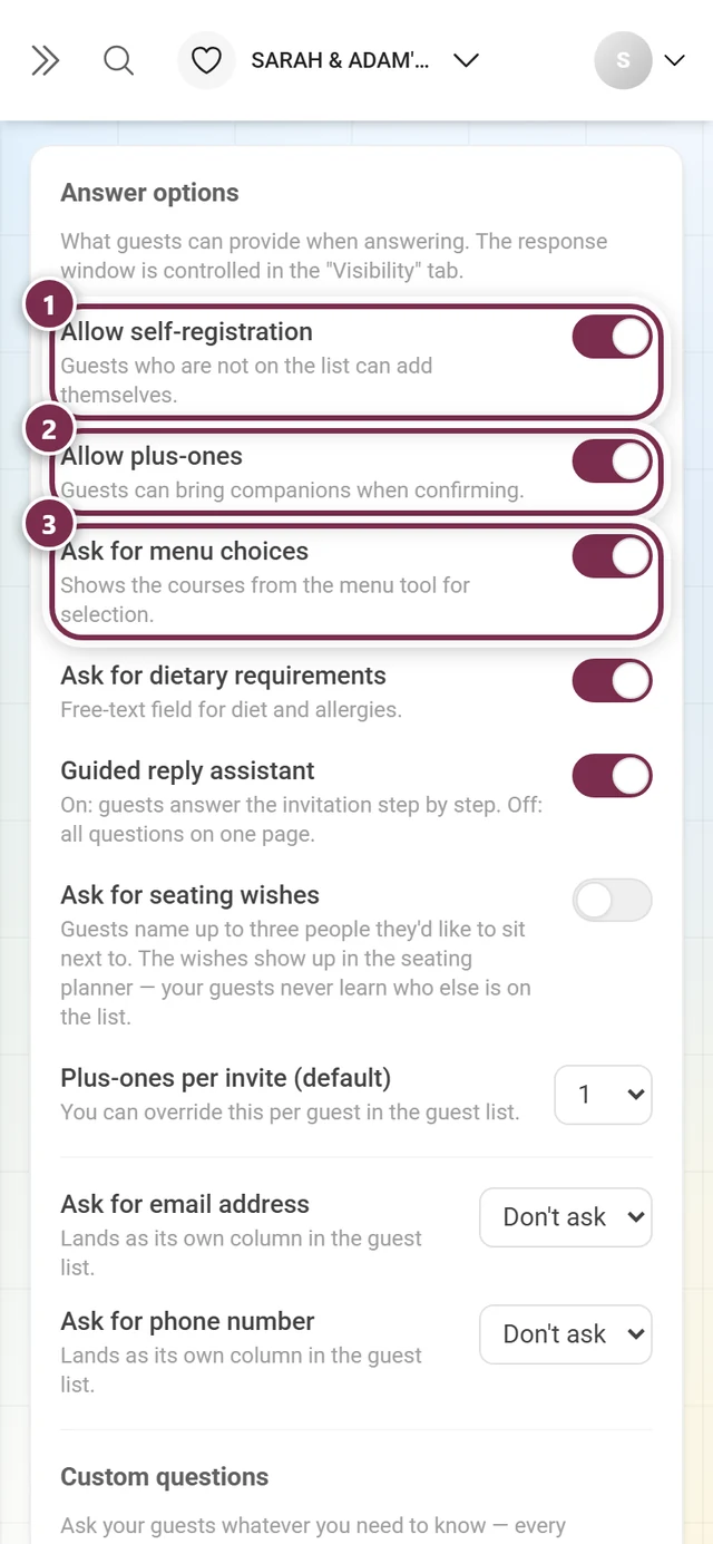The first three answer options: self-registration, plus-ones and menu choices