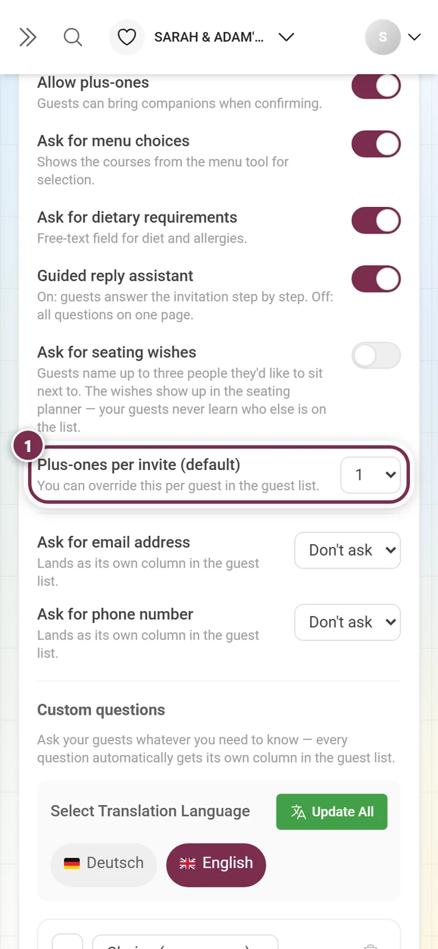 The Plus-ones per invite (default) dropdown