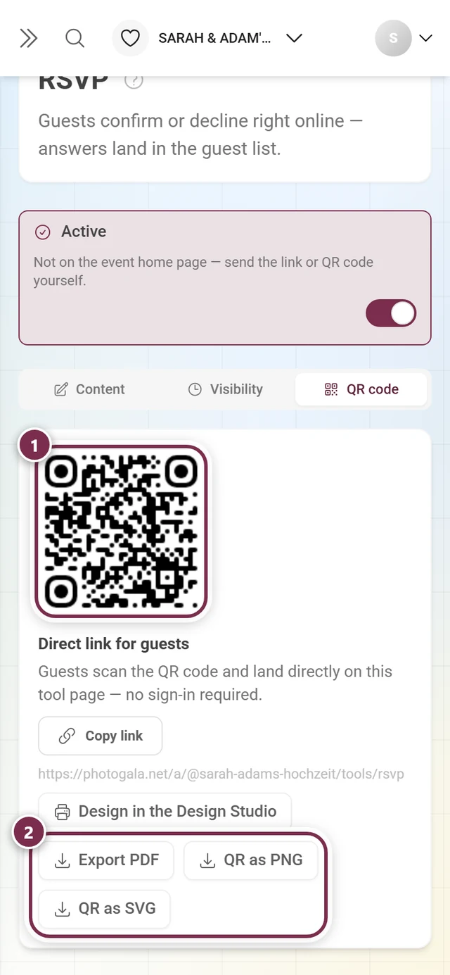 The QR code tab with the code, the direct link and the three file buttons