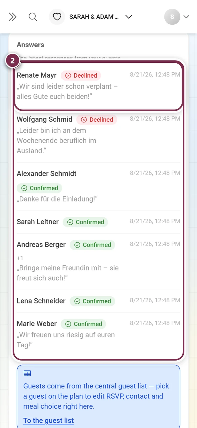 The Answers section with the confirmations and declines that came in
