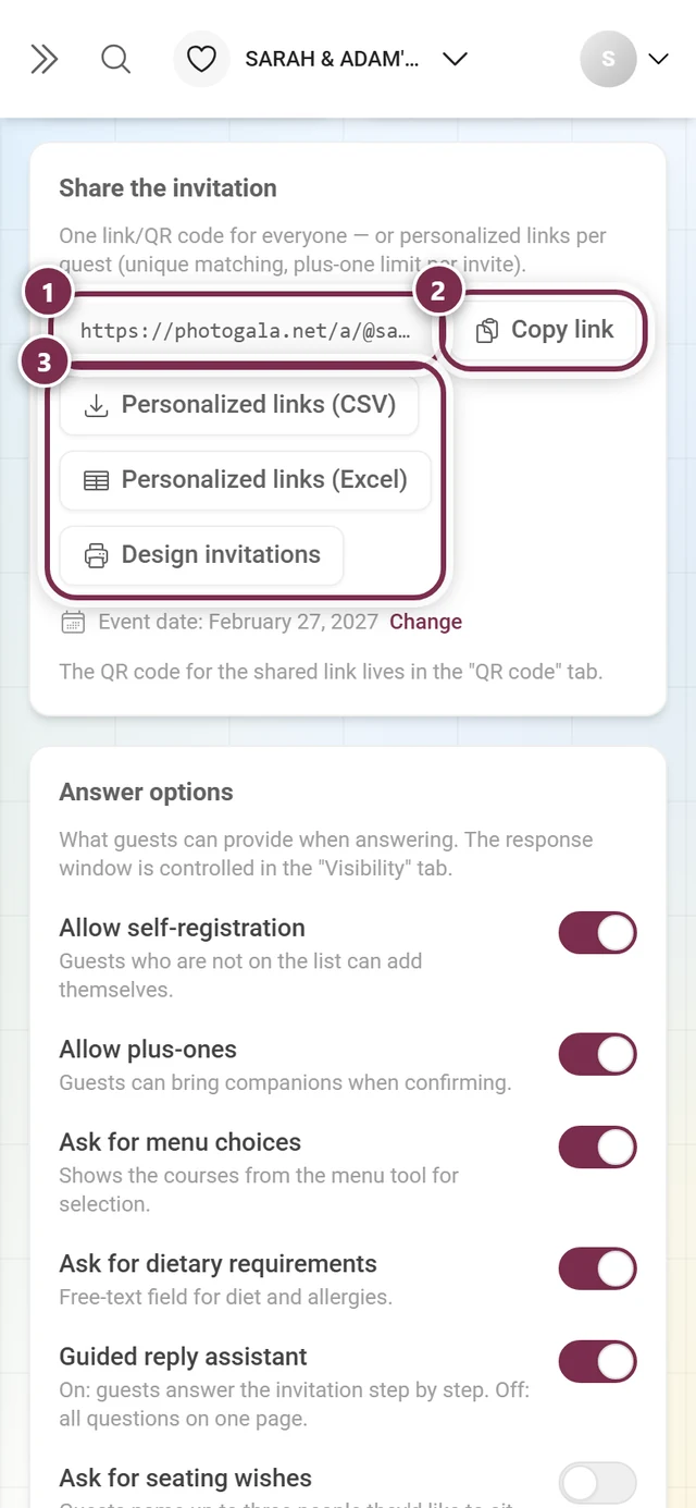 The Share the invitation section with address, Copy link and the three delivery buttons