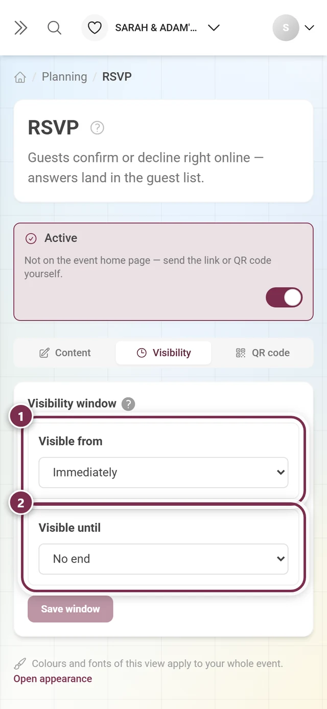The Visibility tab with Visible from and Visible until