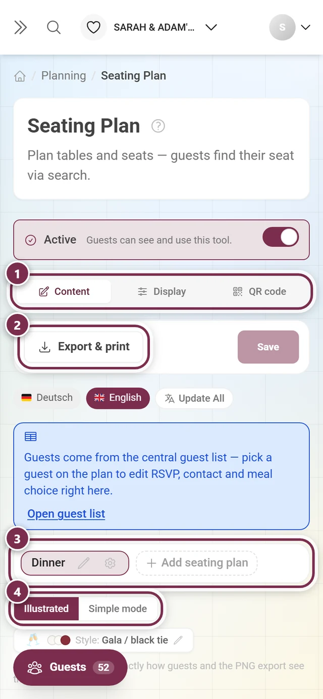 Top of the seating plan editor with tabs, export button, plan picker and view switch highlighted