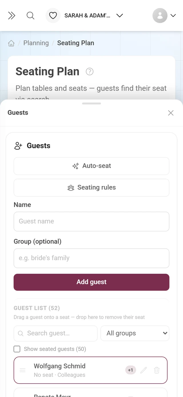 Guest panel next to the floor plan with search, progress and the Auto-seat and seating rules buttons
