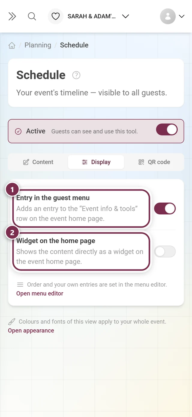 Display tab with numbered rings around the two switches