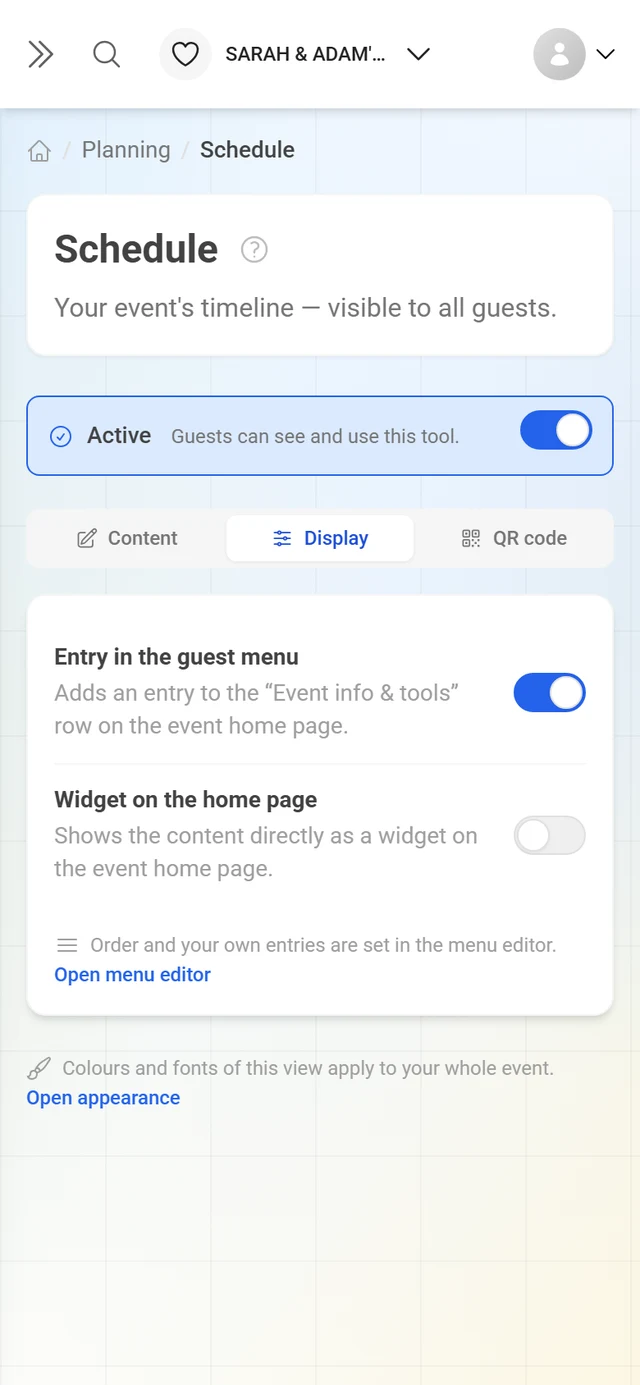 Display tab with the switches for widget and guest menu