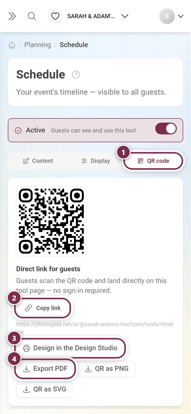 QR code tab with numbered rings around the tab, Copy link, Design in the Design Studio and Export PDF