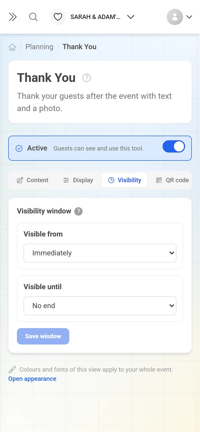 Visibility tab with the modes for start and end time