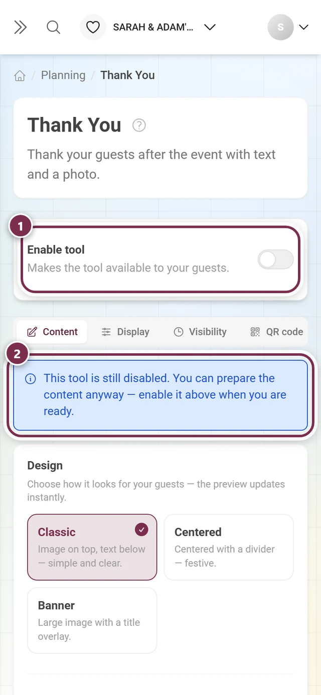 Thank-you tool switched off with a blue notice about draft mode