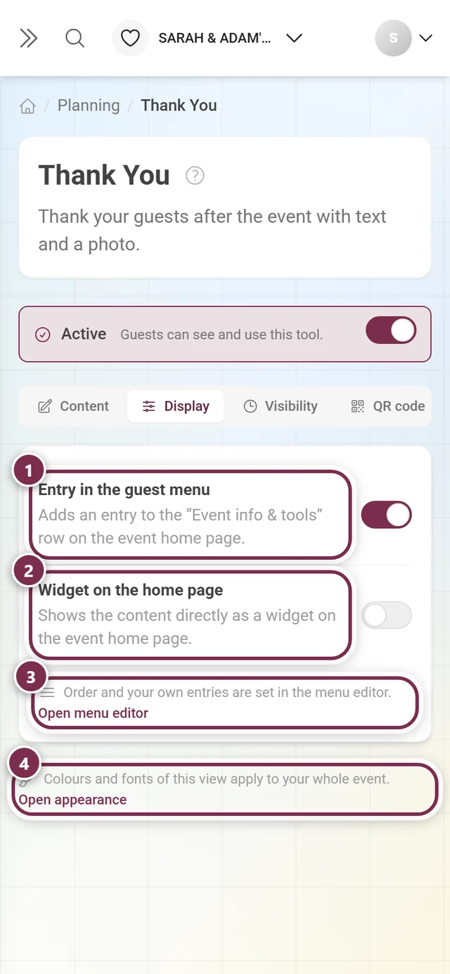 Display tab with the switches for the guest menu and the home-page widget plus two cross links