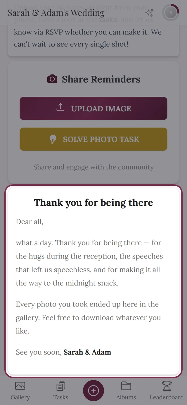Thank-you note as a widget on the event home page in the guest view