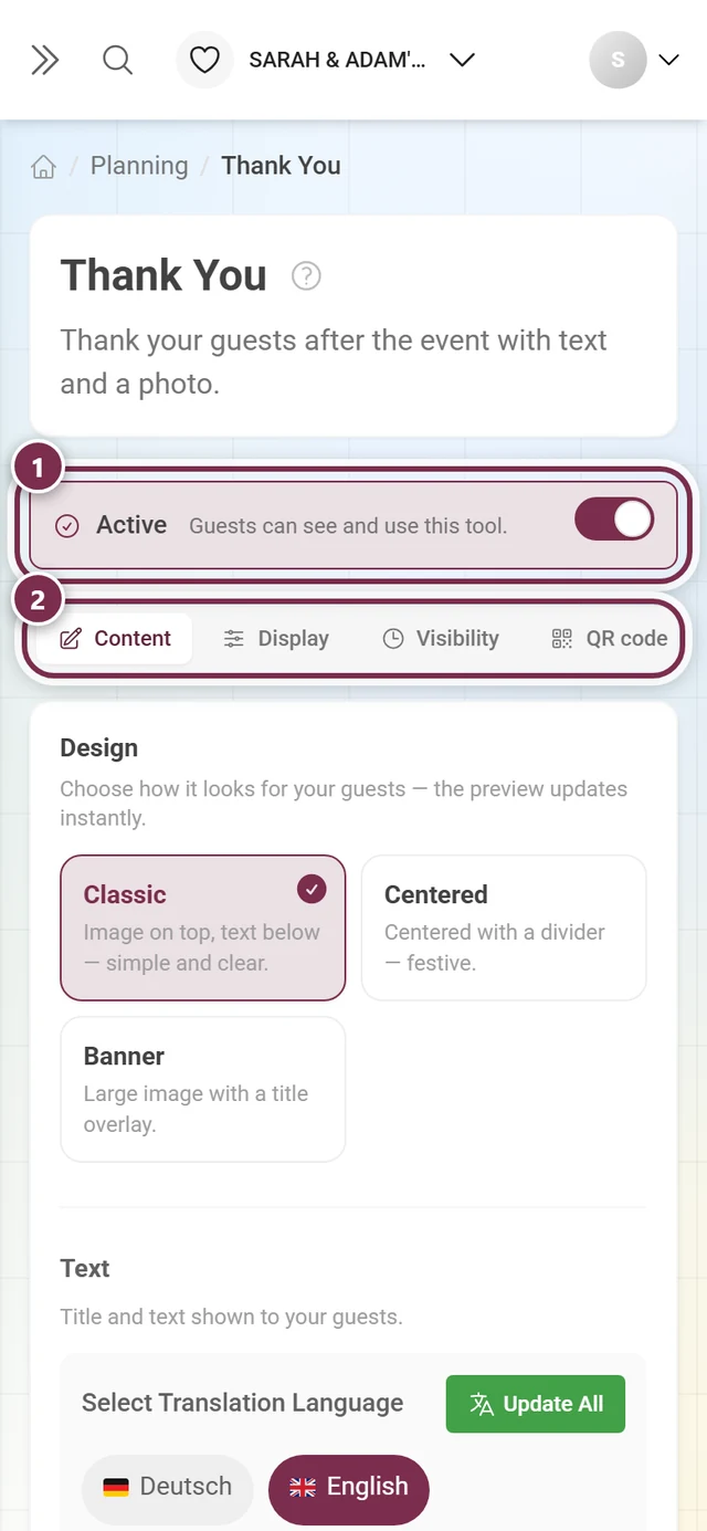 Thank-you header area with the Active switch and the four tabs