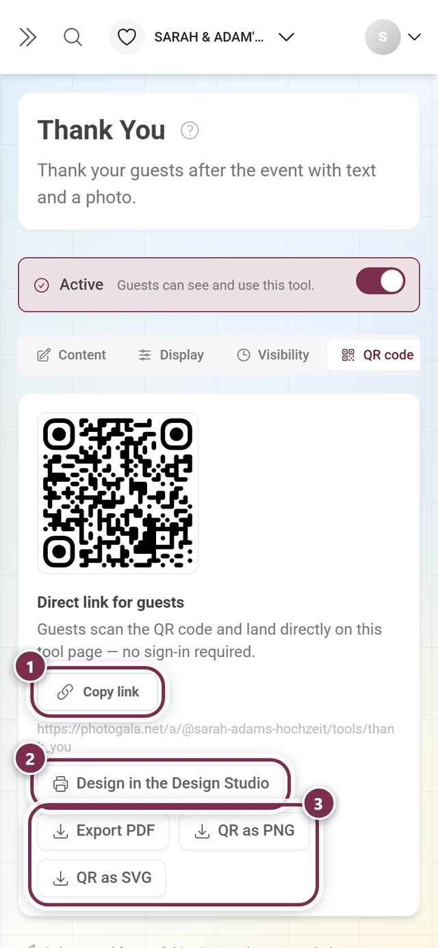 QR code tab with the direct link, the Design Studio button and the three file exports