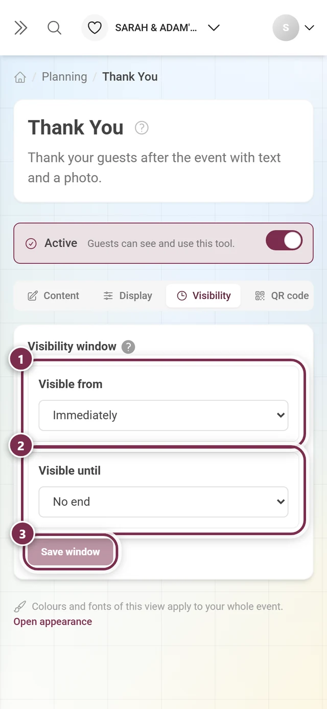 Visibility tab in its default state with Immediately and No end