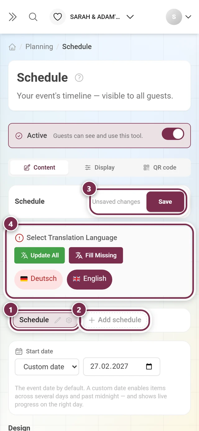 Schedule tool with the tab row, Add schedule, the language bar and Save highlighted