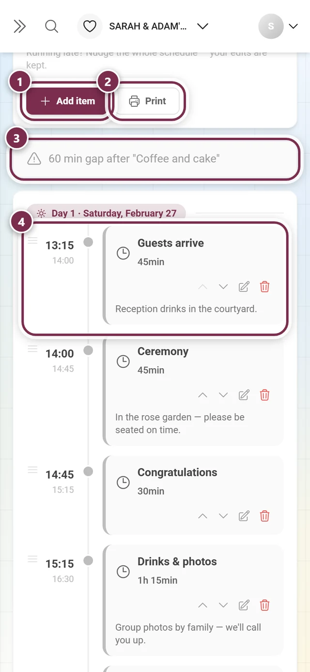 Timeline editor with add item, print, the gap warning and the first item highlighted