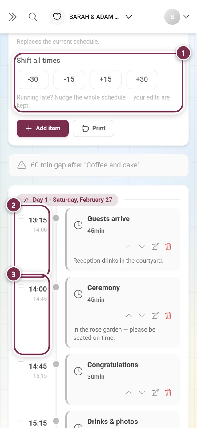 Shift all times block with the four buttons and the first two items highlighted