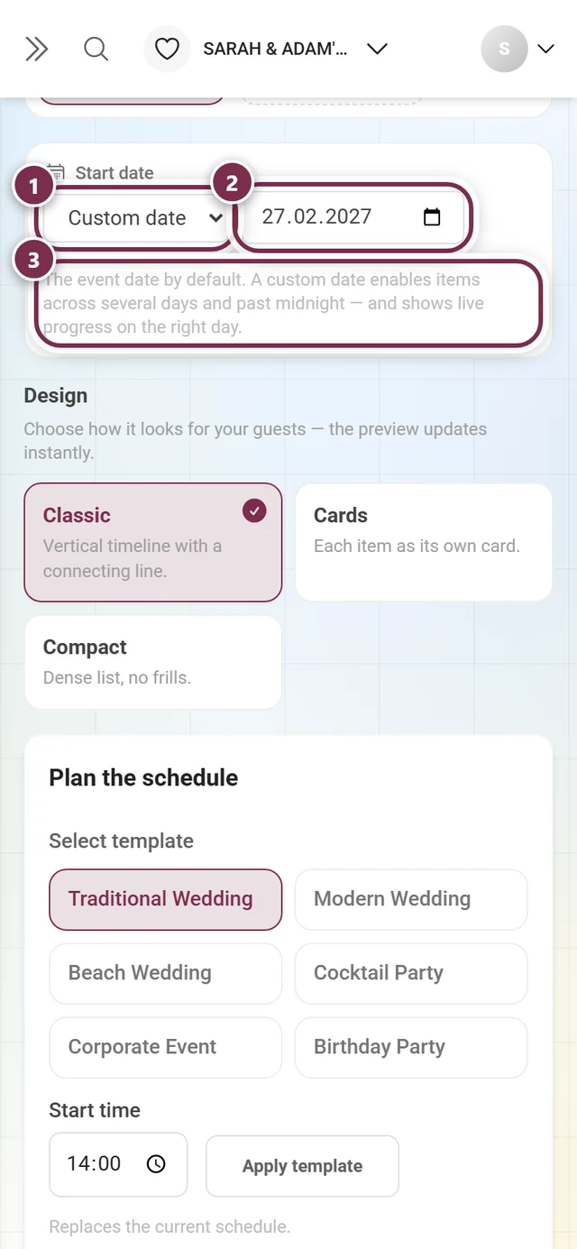 Start date area with the dropdown, the date field and the explanatory text highlighted