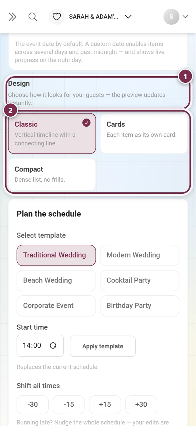 Design section with the heading and its hint plus the three design cards highlighted