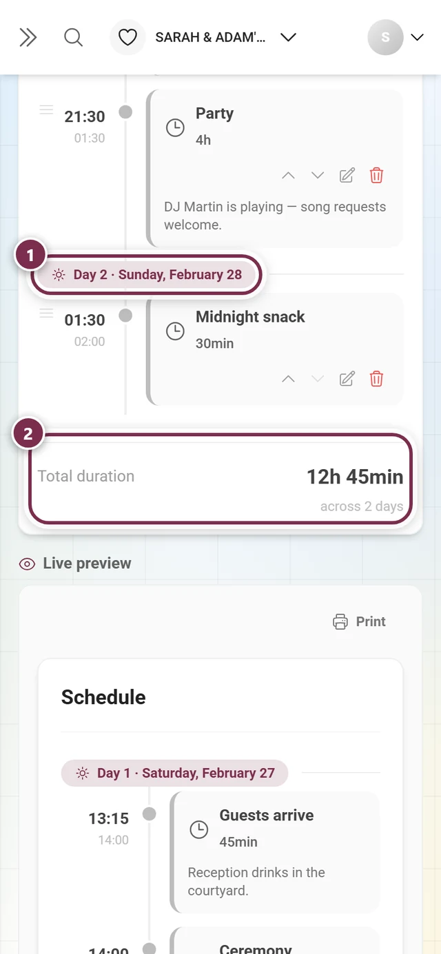 End of the item list with the day divider and the Total duration footer highlighted