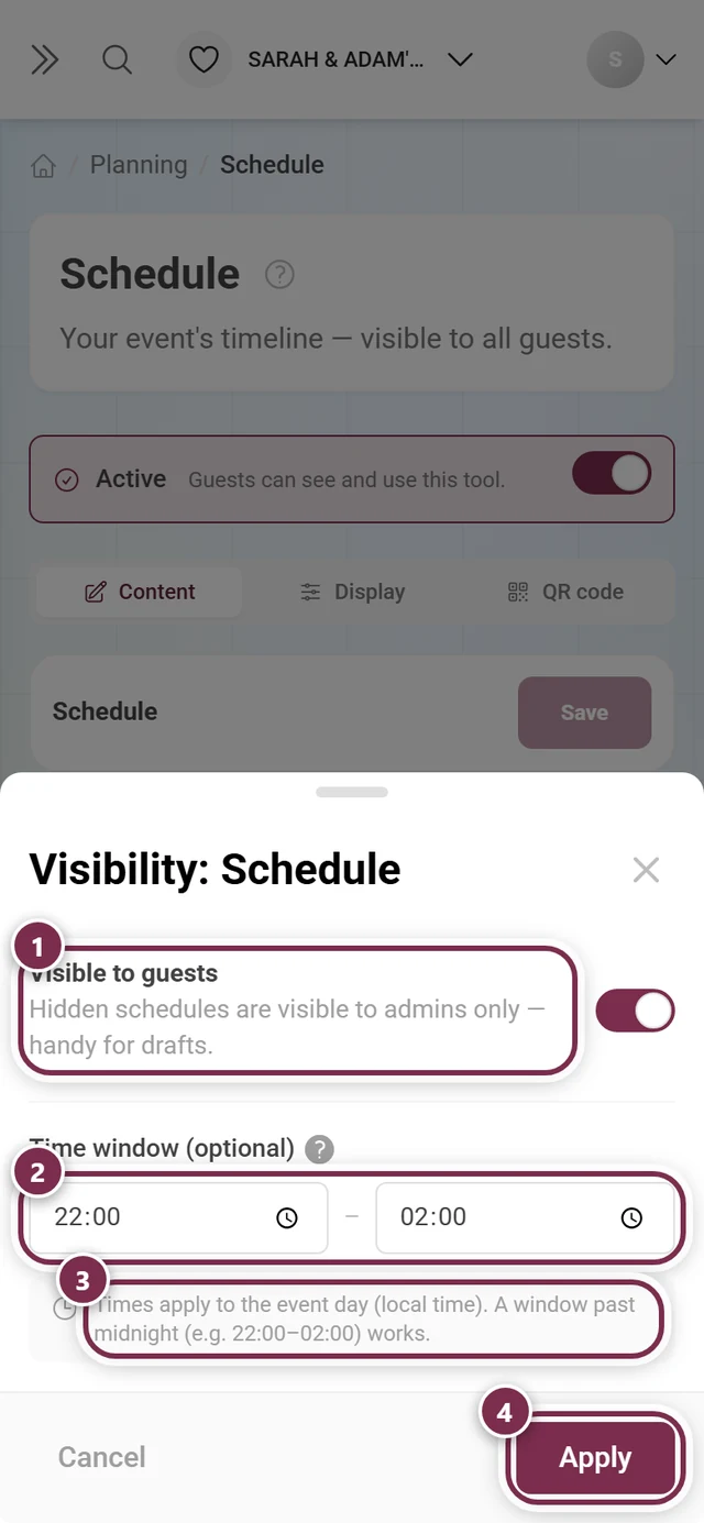 Visibility dialog with the switch, both time fields, the hint and the Apply button highlighted