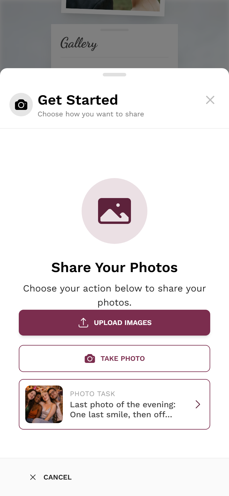Upload dialog with the sources Upload Images and Take Photo
