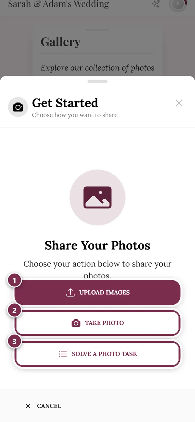 Upload dialog with the sources Upload Images and Take Photo