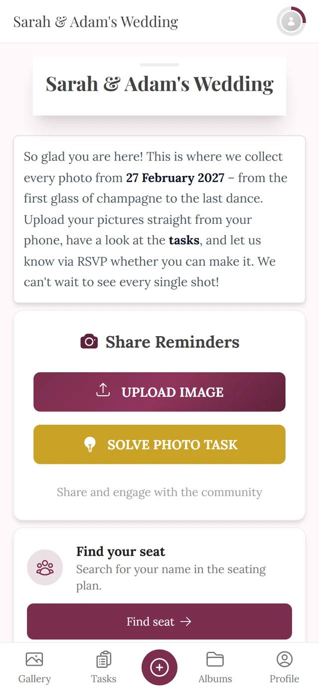 Event gallery start page after opening the event link
