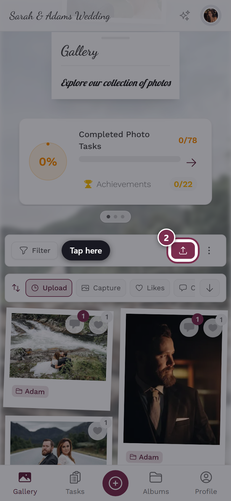 Upload button highlighted in the gallery