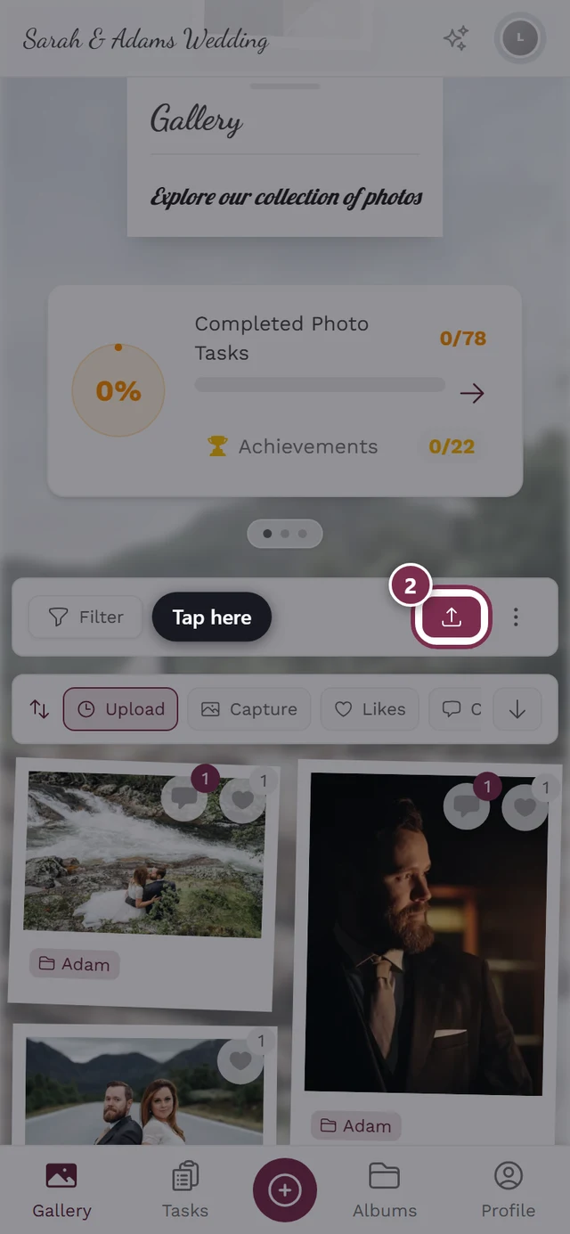 Gallery view with the upload button highlighted