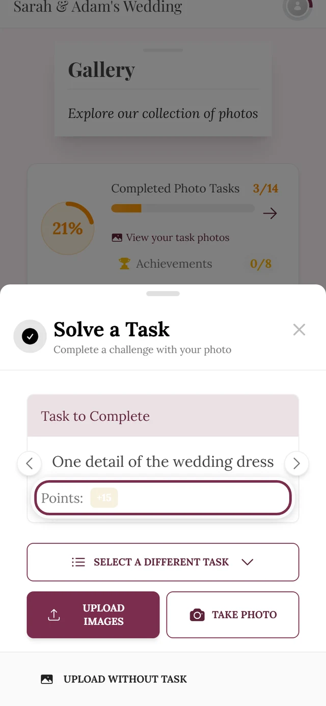 Task card in the upload dialog with the points row highlighted