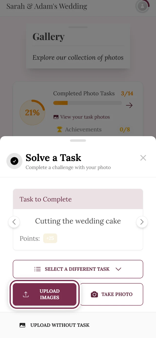 Step 2 of the upload dialog showing the selected task, with the Upload Images button highlighted