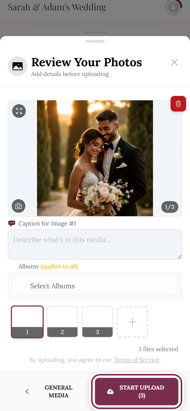 Upload review screen with the large preview, the thumbnail strip and the Start Upload button highlighted