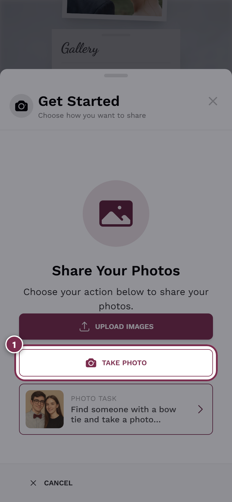 Upload dialog with the Take photo button highlighted