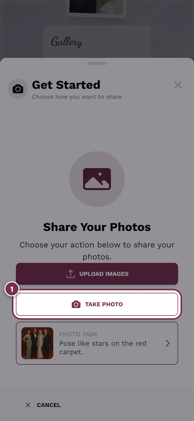 Upload dialog with the take-photo button highlighted