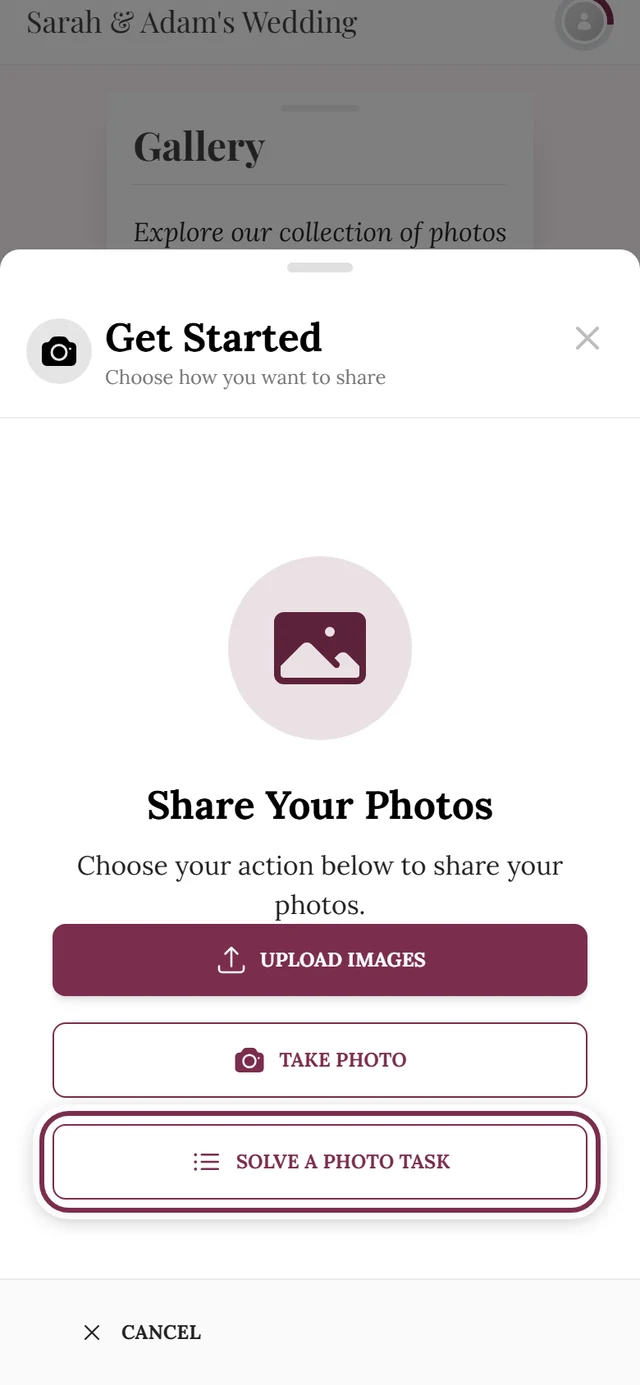 First step of the upload dialog with the photo-task entry point highlighted