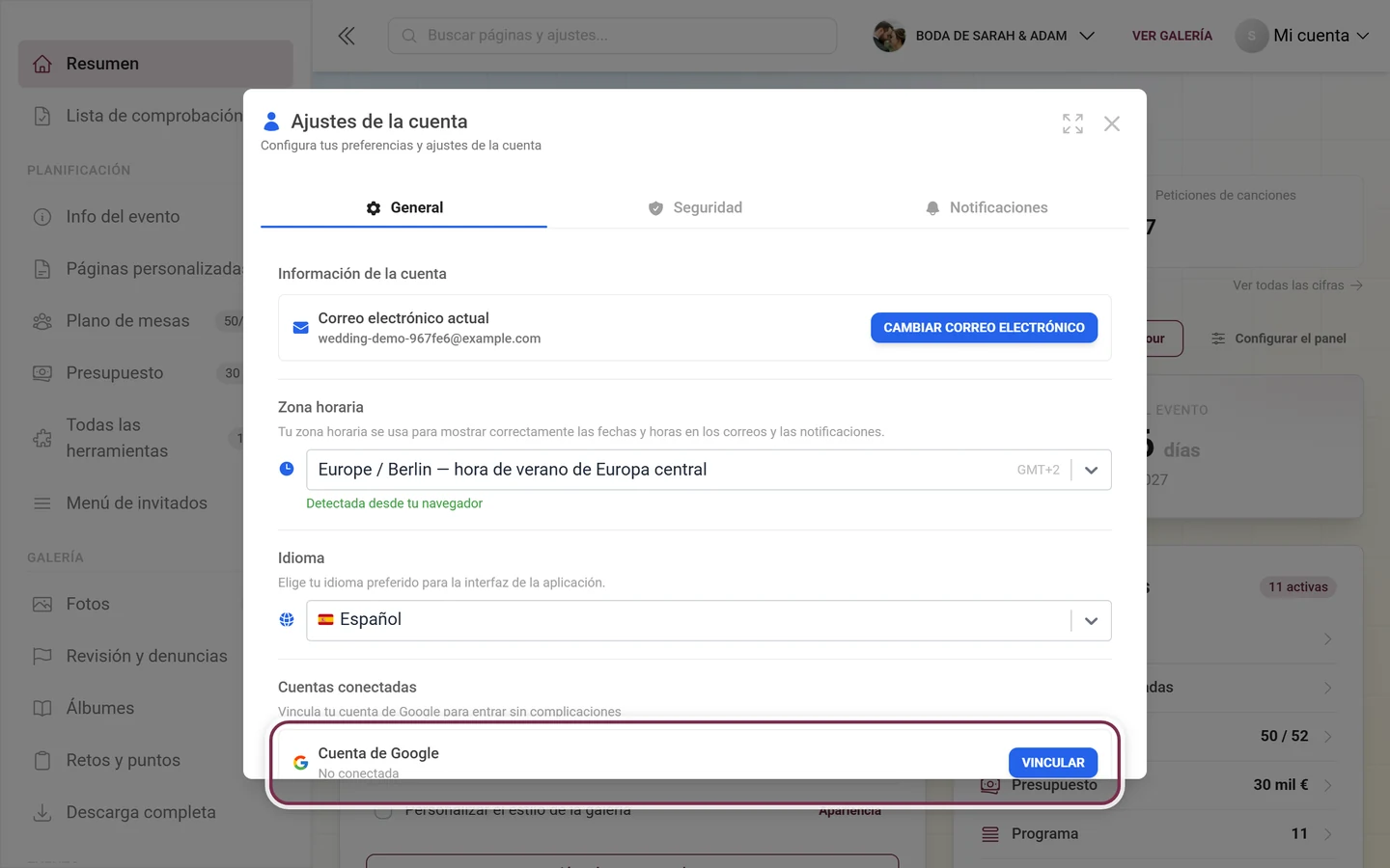 Ajustes de la cuenta, apartado Cuentas conectadas con la fila Cuenta de Google resaltada