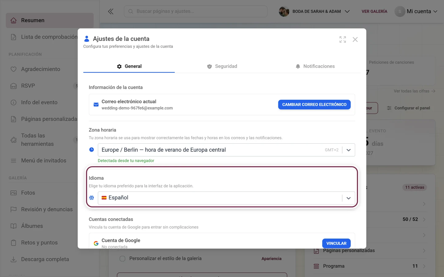 Ajustes de la cuenta, pestaña General, apartado Idioma con el selector marcado