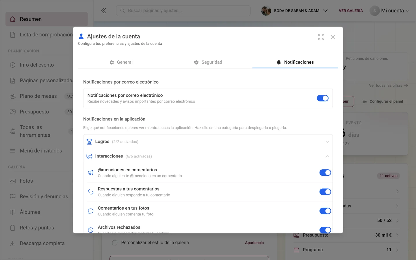 Pestaña Notificaciones con la categoría Interacciones desplegada