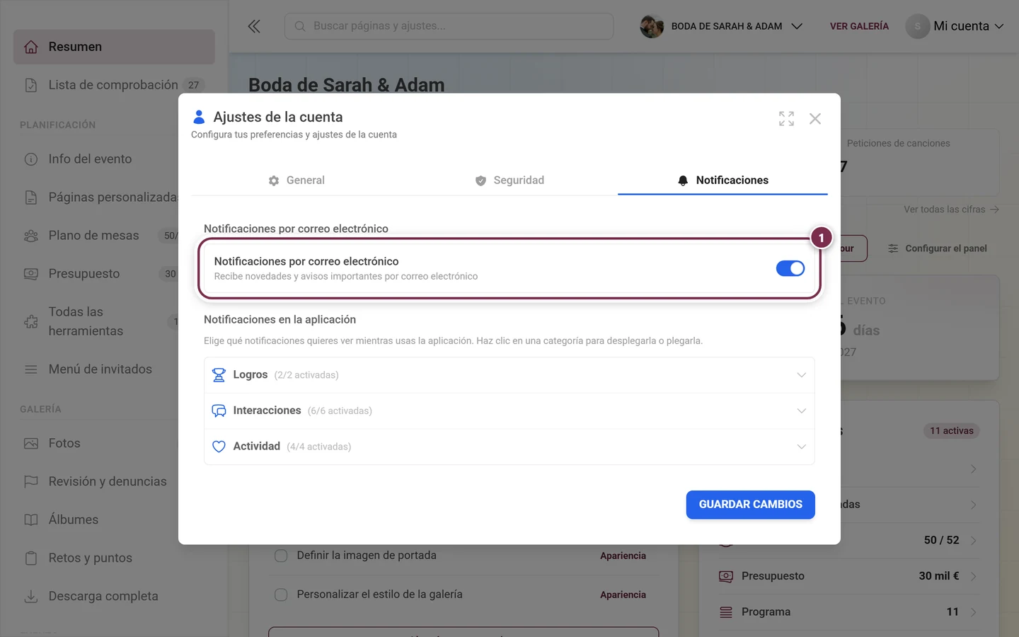 Pestaña Notificaciones con el bloque Notificaciones por correo electrónico marcado en rojo y el interruptor a la derecha