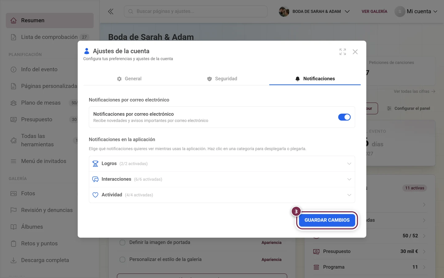 Parte inferior de la pestaña Notificaciones con el botón Guardar cambios marcado en rojo