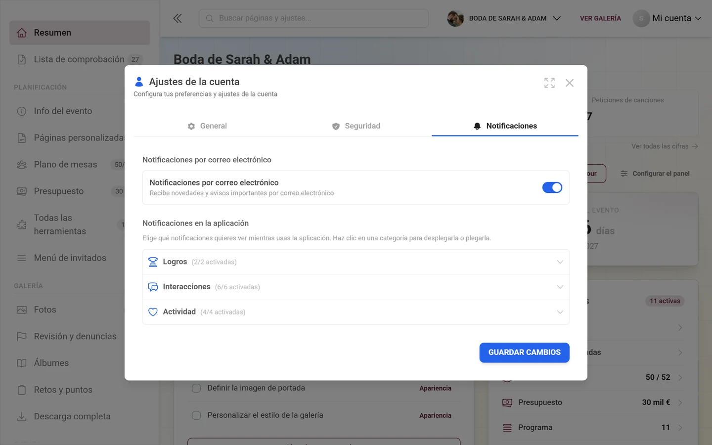 Diálogo Ajustes de la cuenta con la pestaña Notificaciones activa
