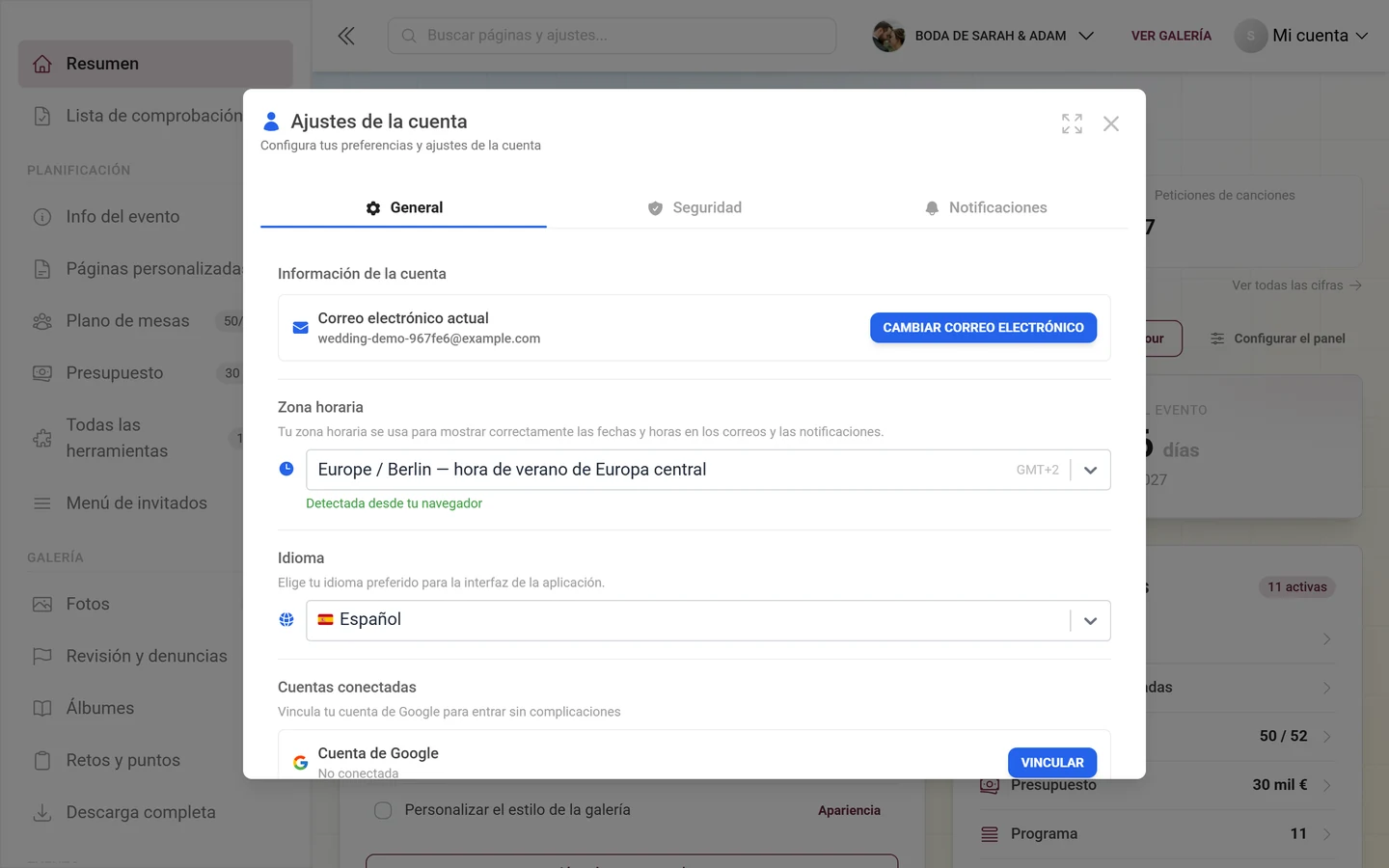 Pestaña Seguridad de los ajustes de la cuenta con la lista de sesiones activas