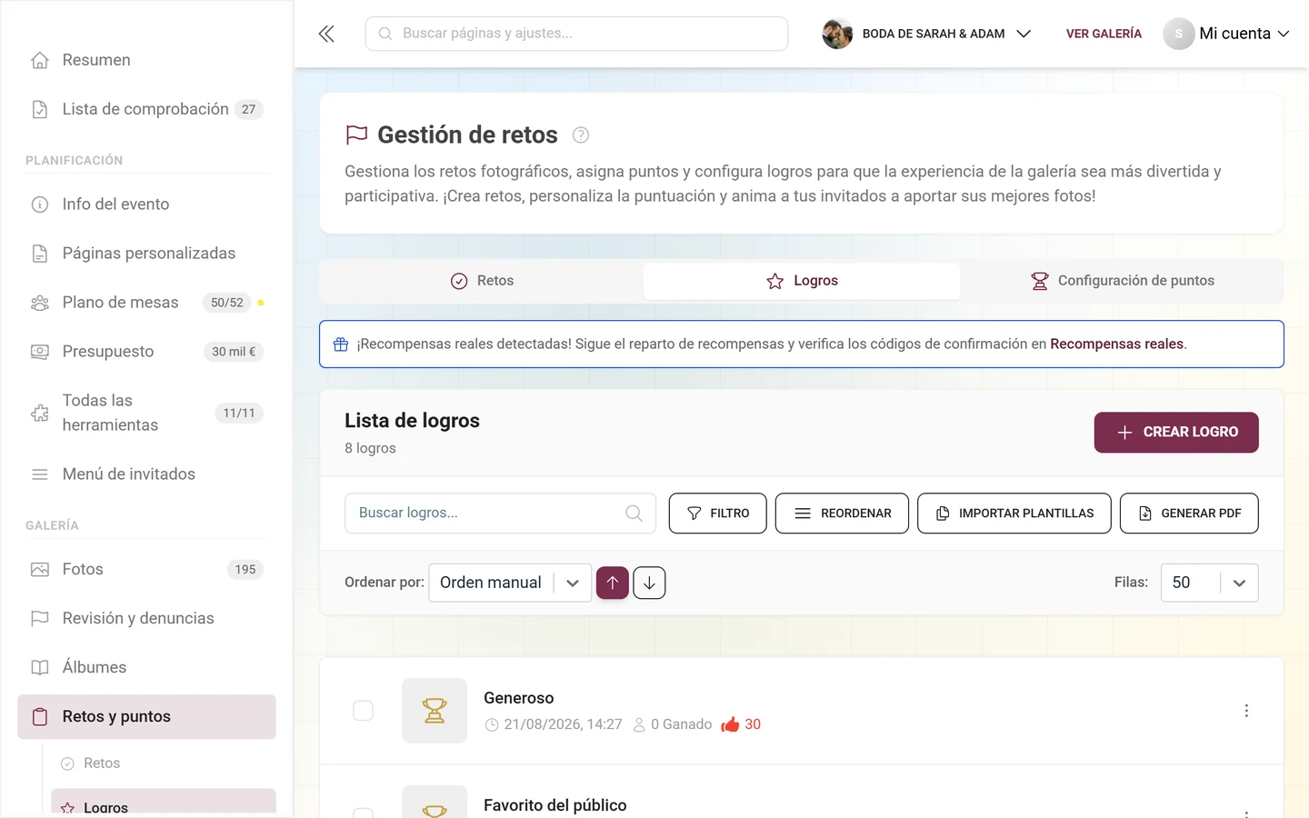 Gestión de logros con insignias, recompensas y condiciones