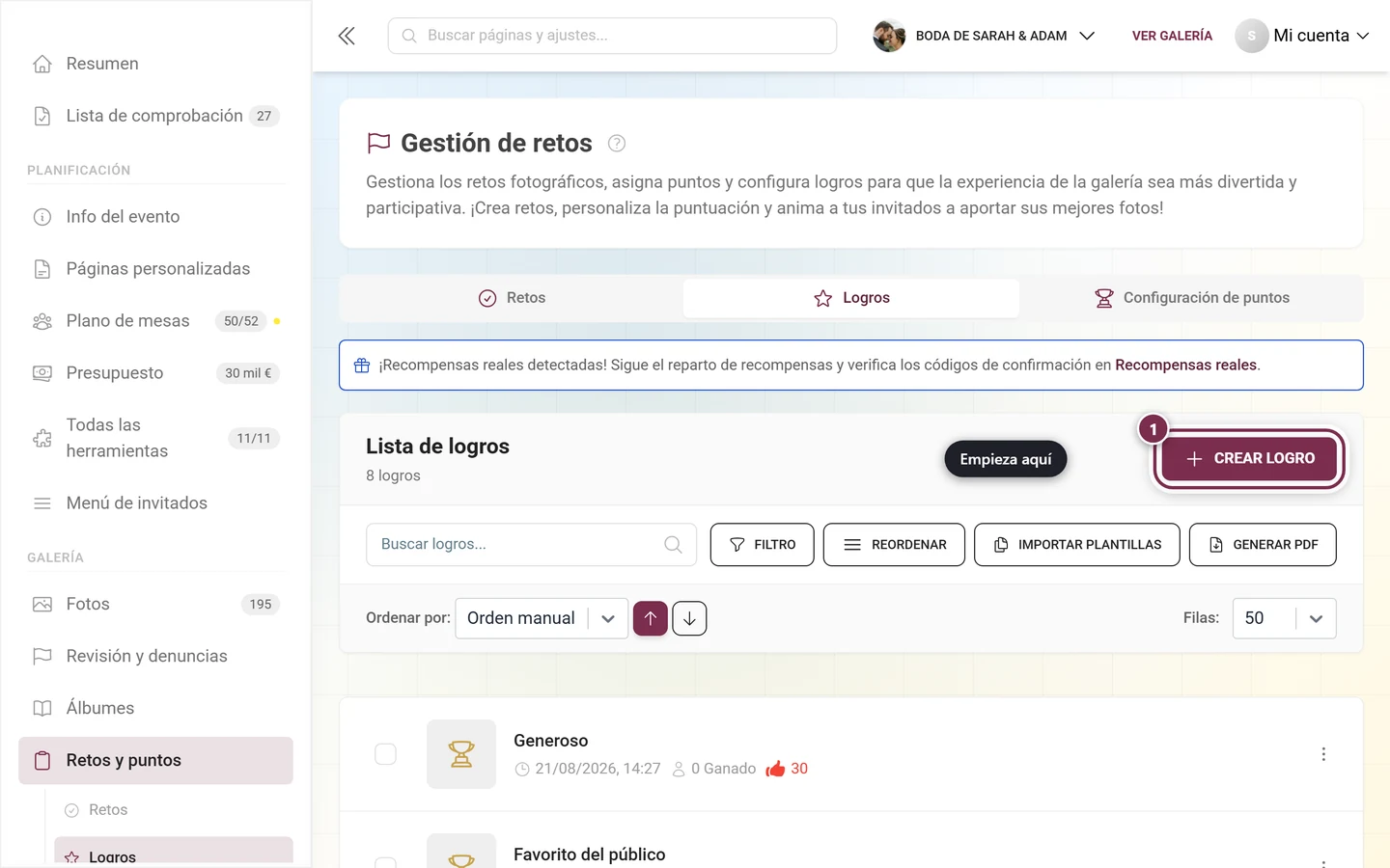 Gestión de logros con el botón Crear logro marcado en rojo sobre la lista