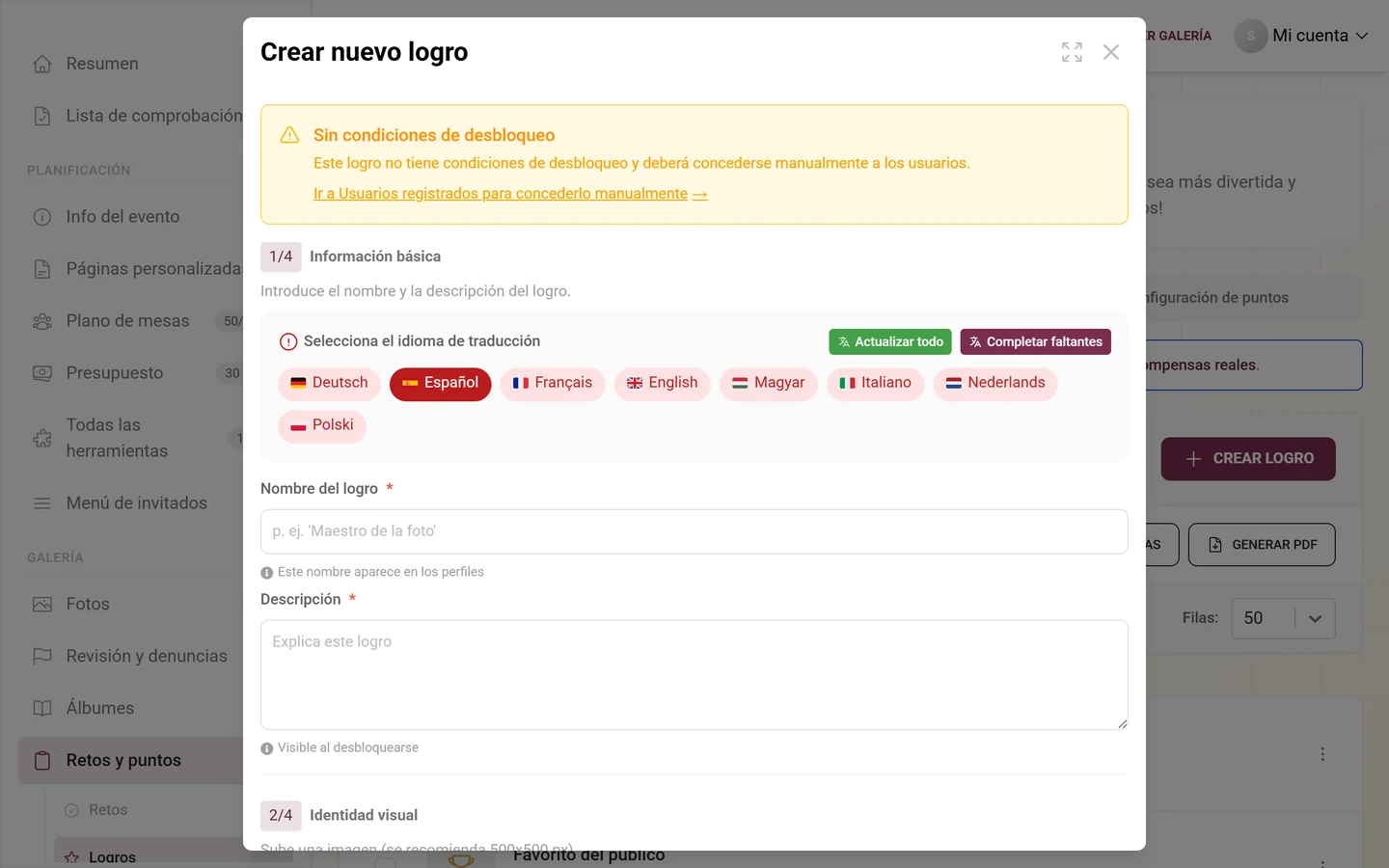 Diálogo para crear un logro con nombre, condición y recompensa