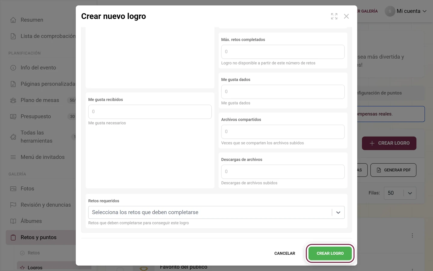 Parte inferior del editor de logros con el botón Crear logro marcado en rojo junto a Cancelar