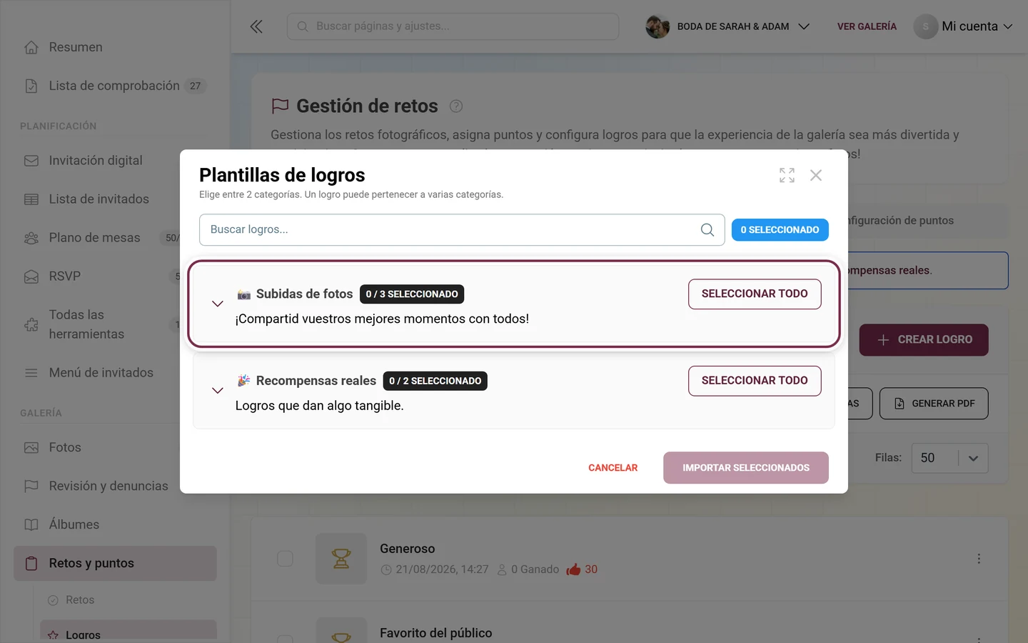 Diálogo Plantillas de logros con la primera fila de categoría marcada en rojo