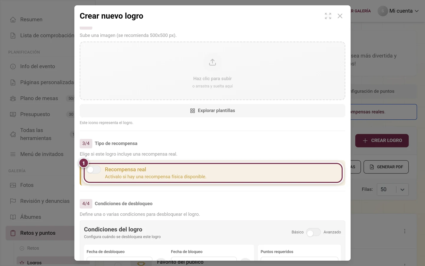 Sección Tipo de recompensa en el editor con el interruptor Recompensa real todavía desactivado marcado en rojo